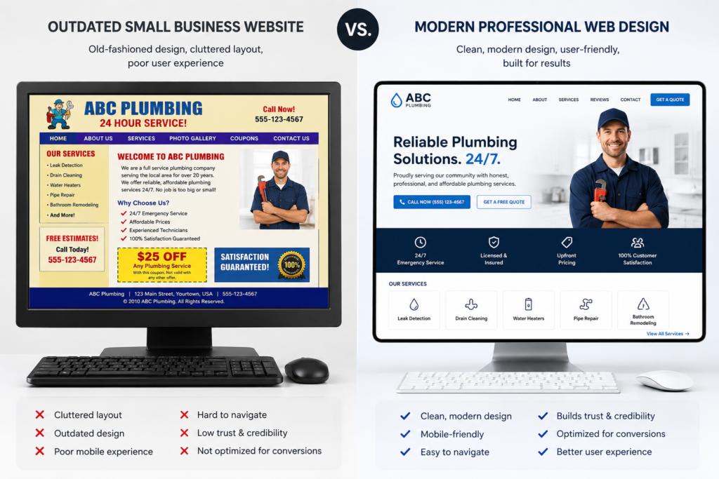 Comparison of outdated small business website versus modern professional web design