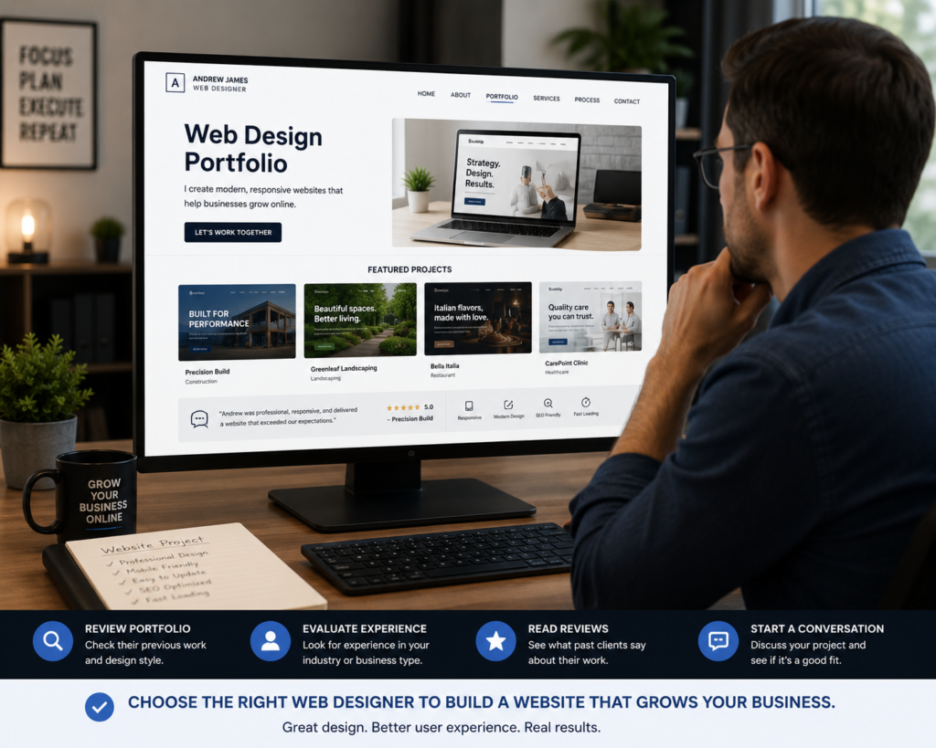 Reviewing a web designer's portfolio on a monitor before hiring for a small business website
