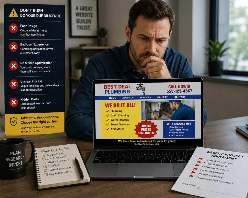 Small business owner spotting red flags when hiring a web designer