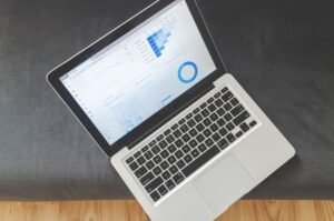 Business owner reviewing website traffic analytics on laptop screen showing growth